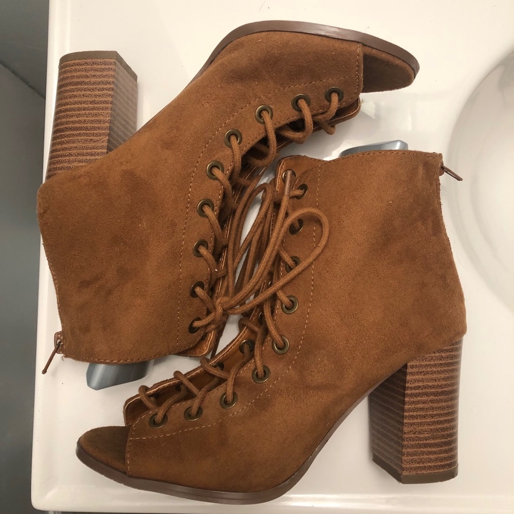 Suede Lace Up Block Heel, Open Toe